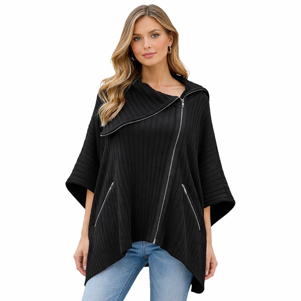 Forever New Black Zip Cape Poncho Wool Blend Coat M